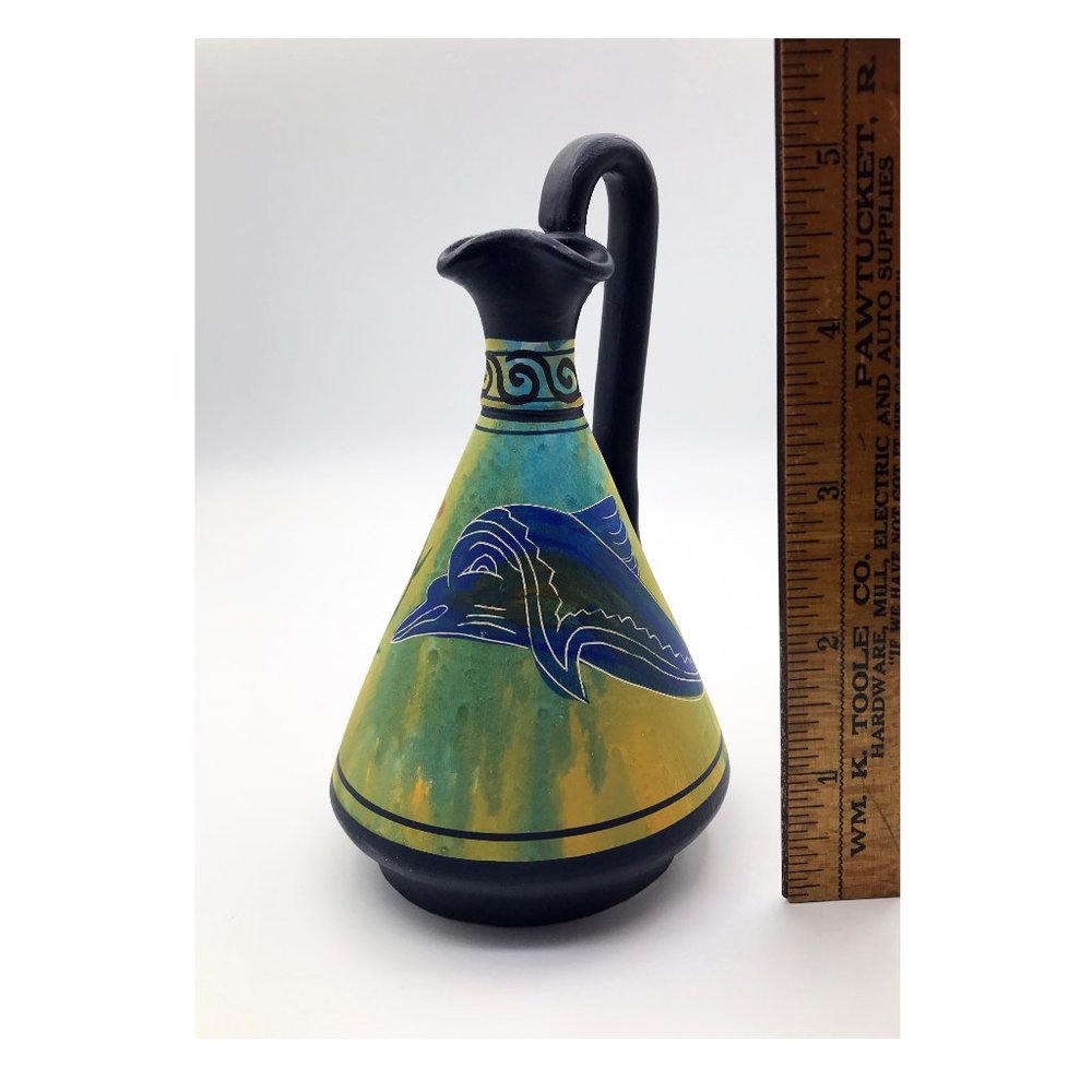 Small Hand-Painted Ceramic Greek Vase with Dolphin